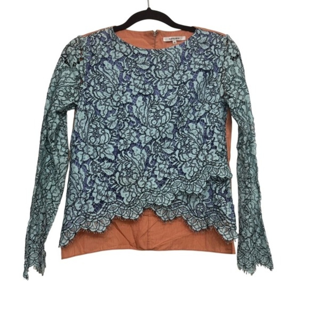 Carven Lace Long Sleeve Top Size 34 US 2 Blue Teal Overlay Peach Lining Back Zip